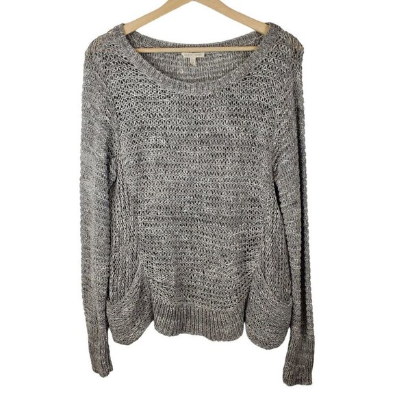 Eileen Fisher Open Knit Sweater Small Pockets Wide Neck Gray‎ White Cotton Blend - Picture 1 of 10
